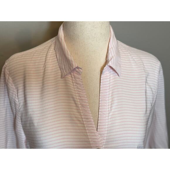 J. Jill blouse pale pink & white striped button up with lace sleeve trim Sz L - Picture 2 of 8